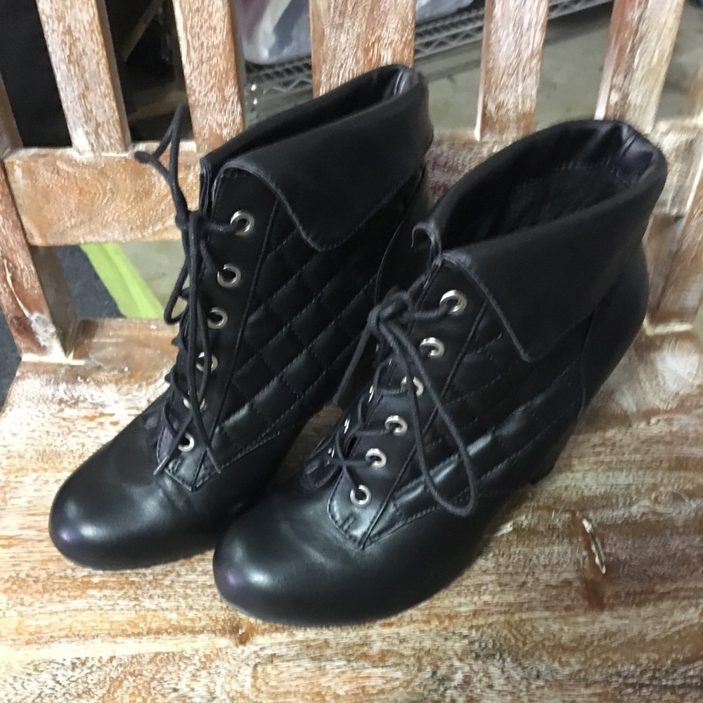 Bamboo Black Quilted Lace Up Heel Booties